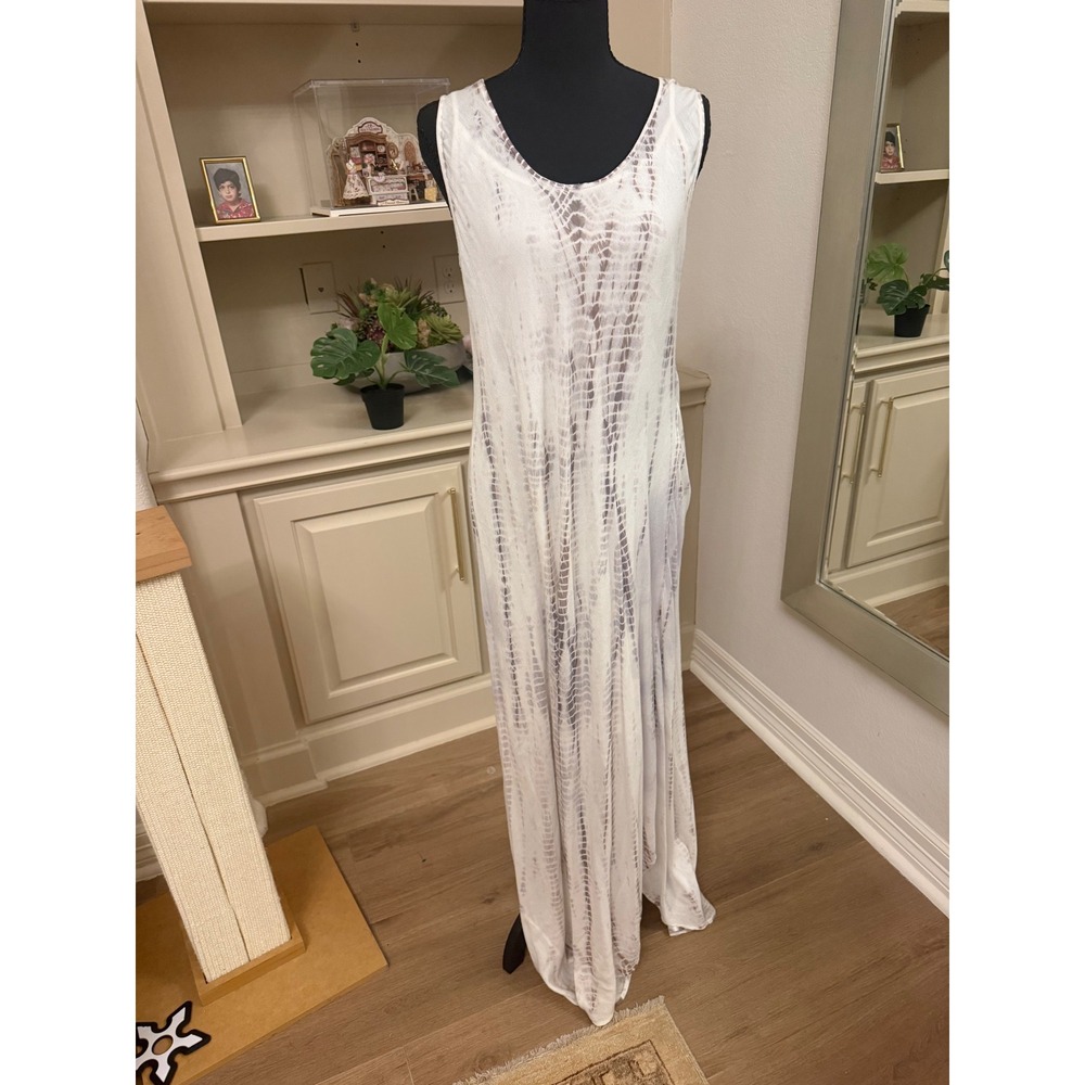 Neiman Marcus Womens Small Tie Dye Sleeveless Maxi Dress Beige Grey Boho Resort